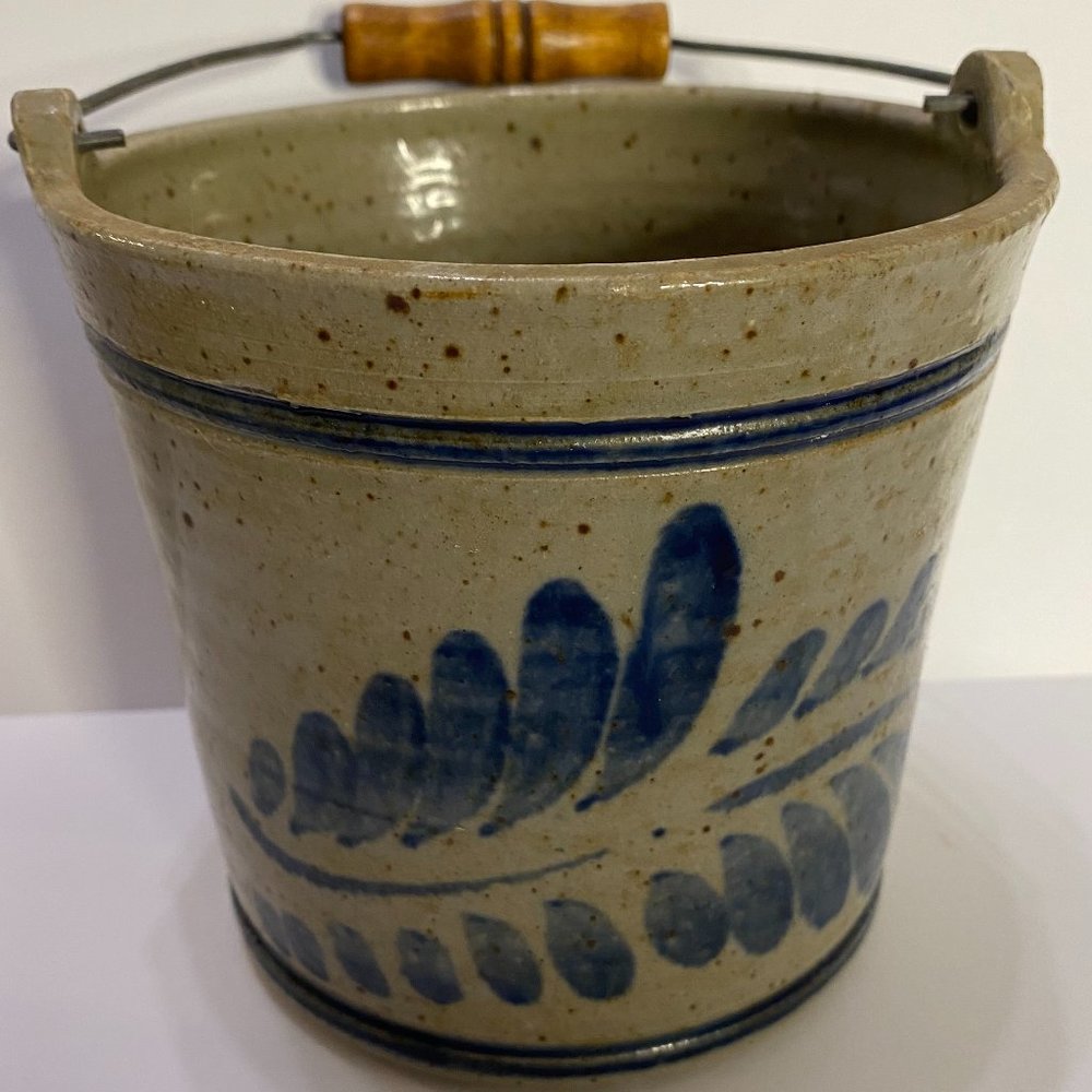 Vintage Handthrown Cobalt Salt Glaze Stoneware Crock with Handle Signed